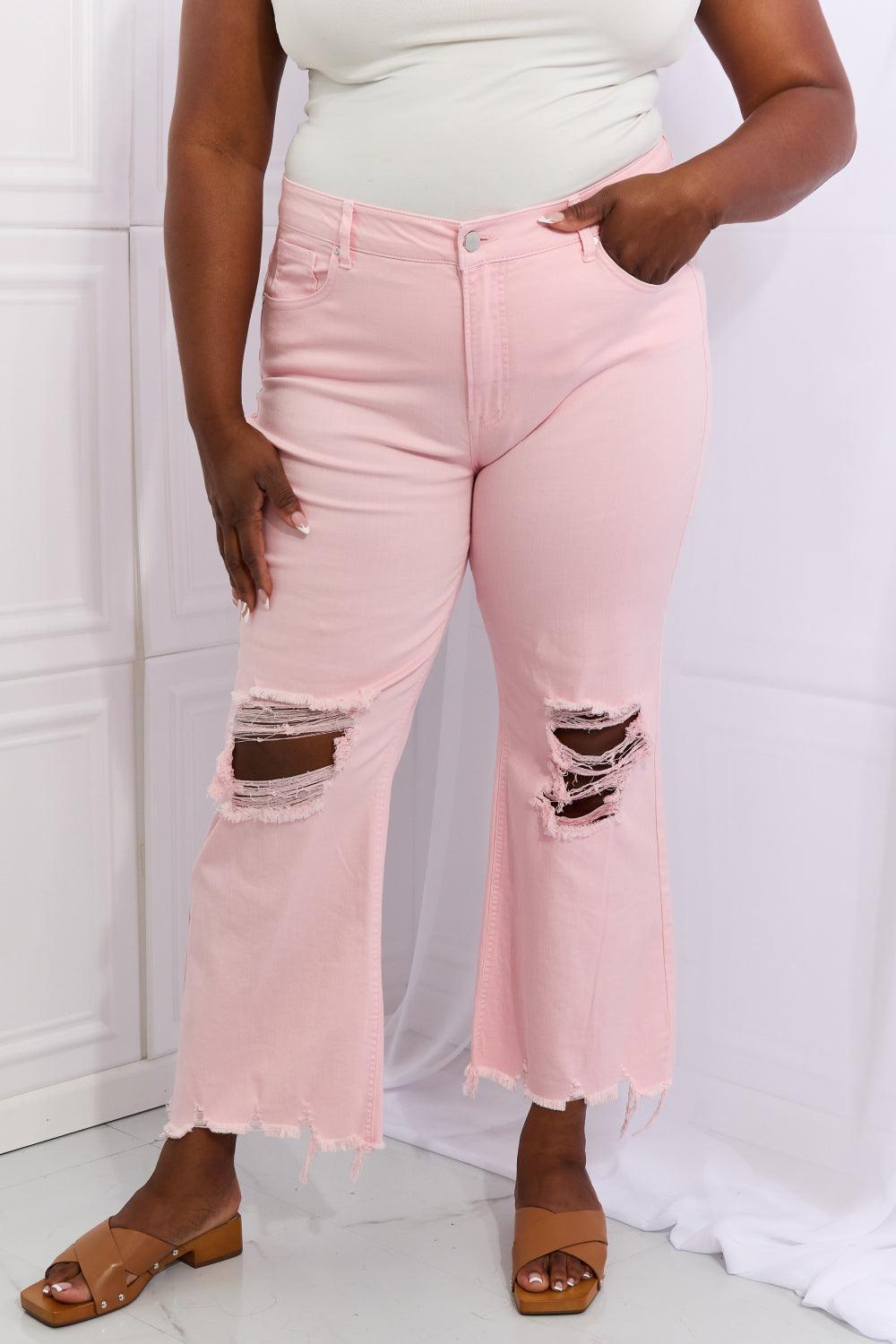 Ankle Length Blush Pink Plus Size Distressed Flare Jeans - MXSTUDIO.COM