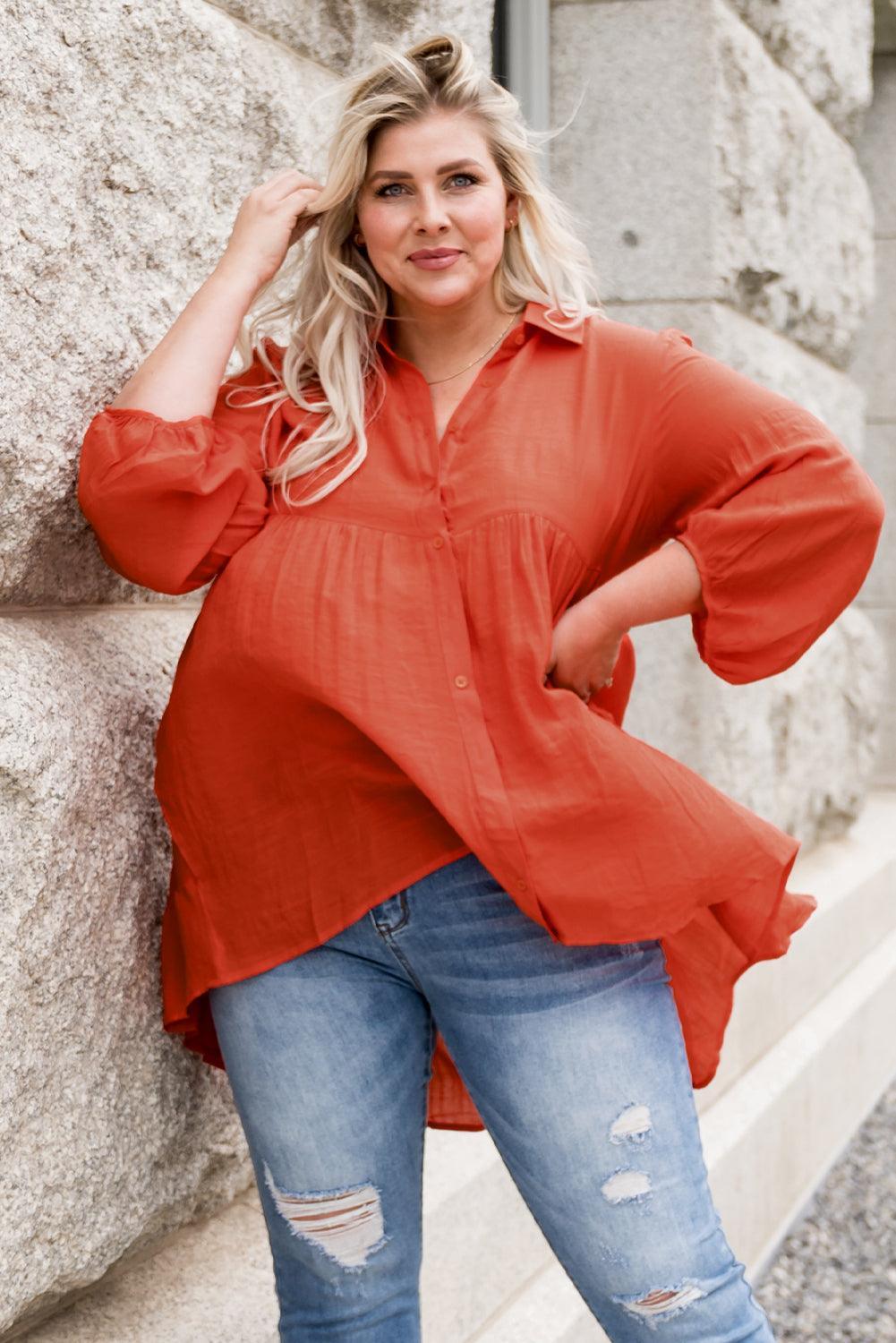 Appealing Balloon Sleeve Orange Plus Size Shirt - MXSTUDIO.COM