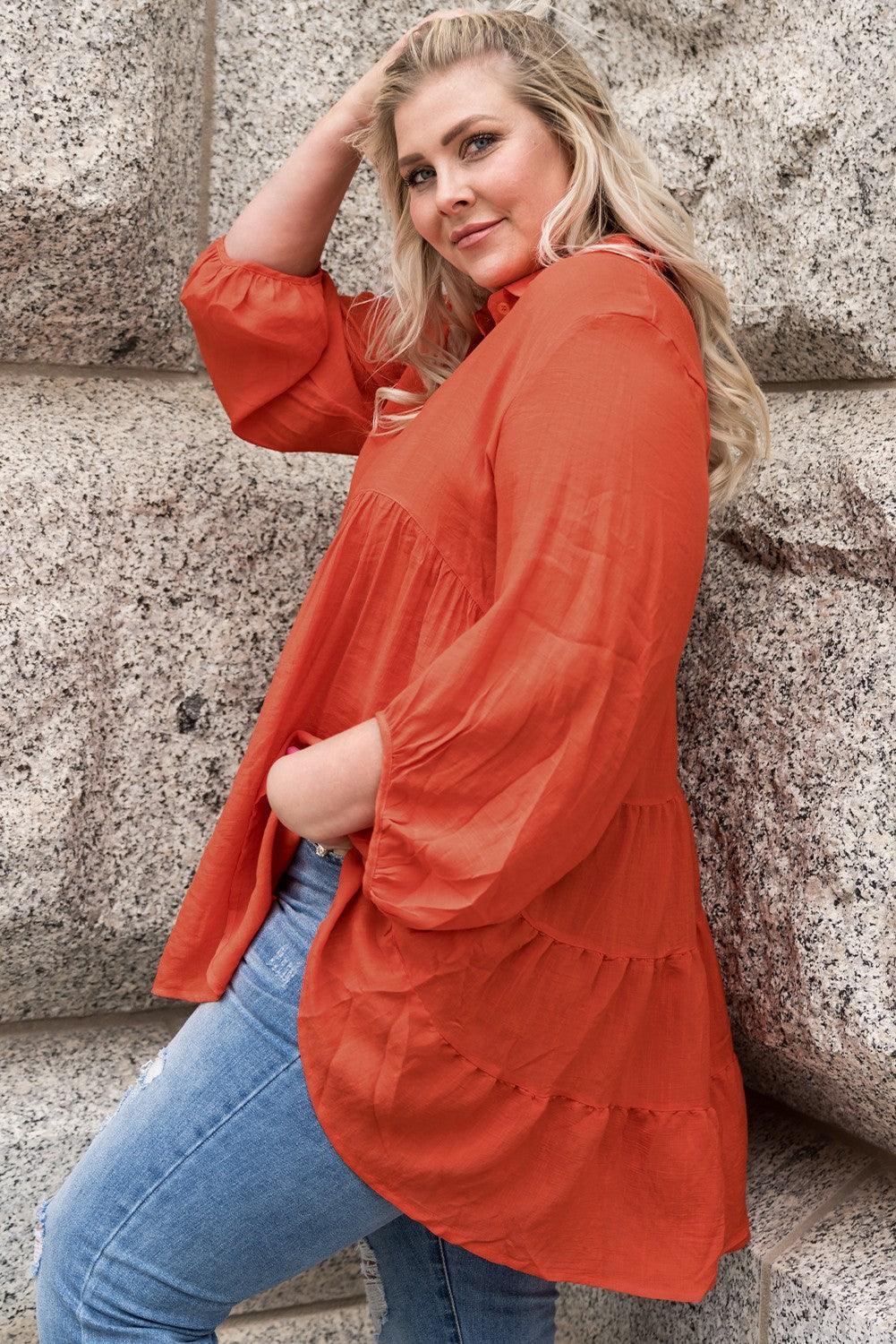 Appealing Balloon Sleeve Orange Plus Size Shirt - MXSTUDIO.COM