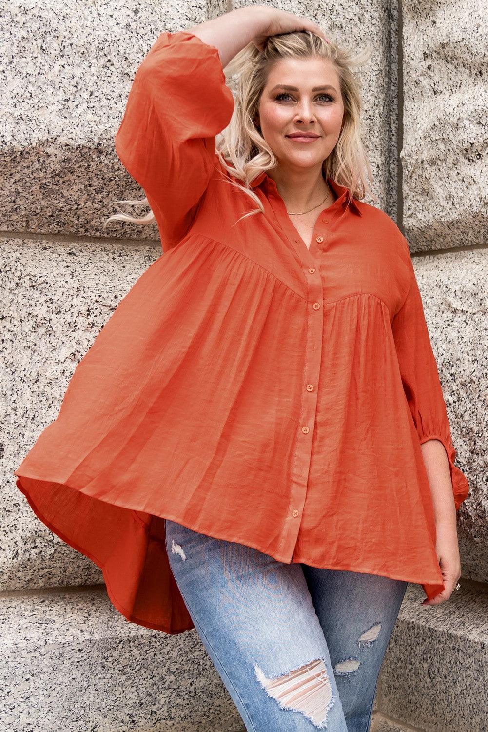 Appealing Balloon Sleeve Orange Plus Size Shirt - MXSTUDIO.COM