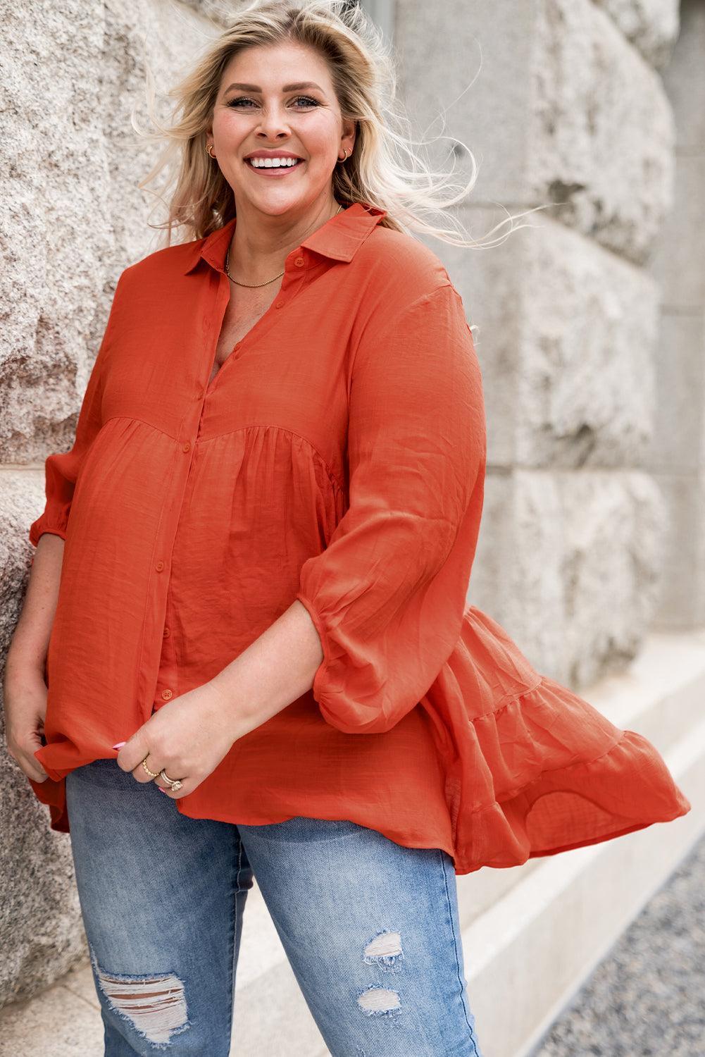 Appealing Balloon Sleeve Orange Plus Size Shirt - MXSTUDIO.COM