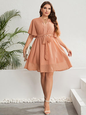 Authentic Peach Tie Waist Flutter Sleeve Plus Size Dress - MXSTUDIO.COM