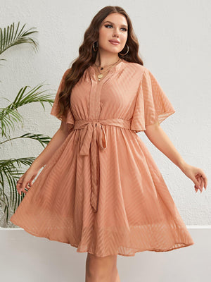 Authentic Peach Tie Waist Flutter Sleeve Plus Size Dress - MXSTUDIO.COM
