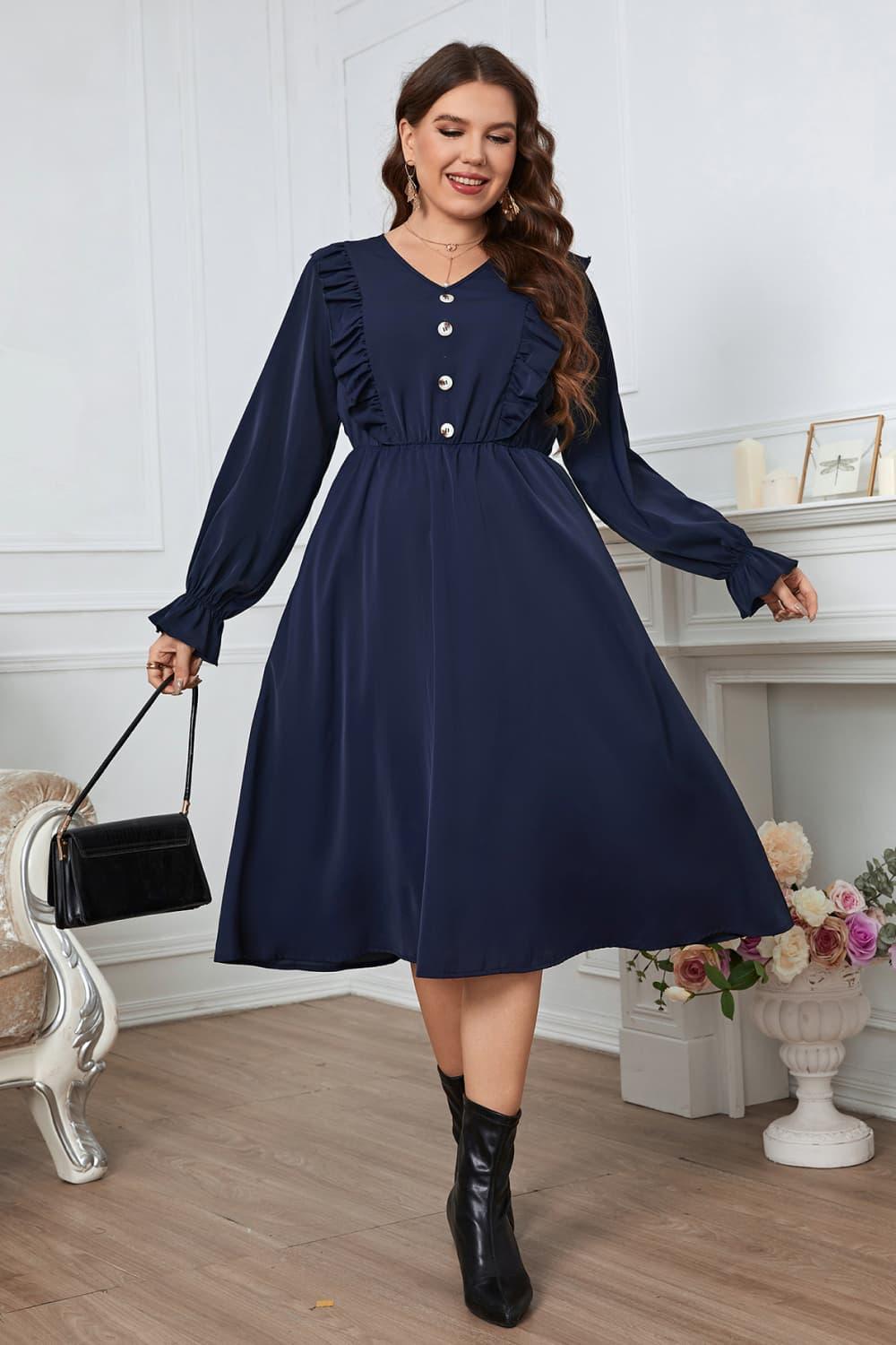 Awesome Long Sleeve Plus Size A Line Midi Dress - MXSTUDIO.COM