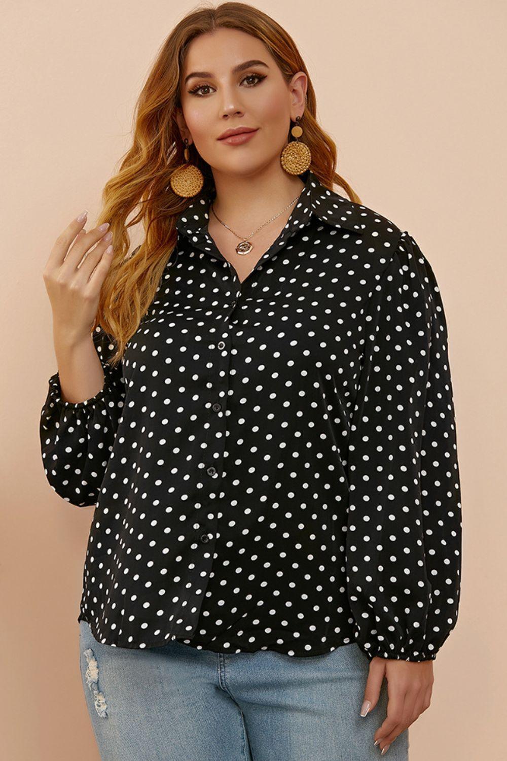 Balloon Sleeve Black Shirt White Polka Dots - MXSTUDIO.COM