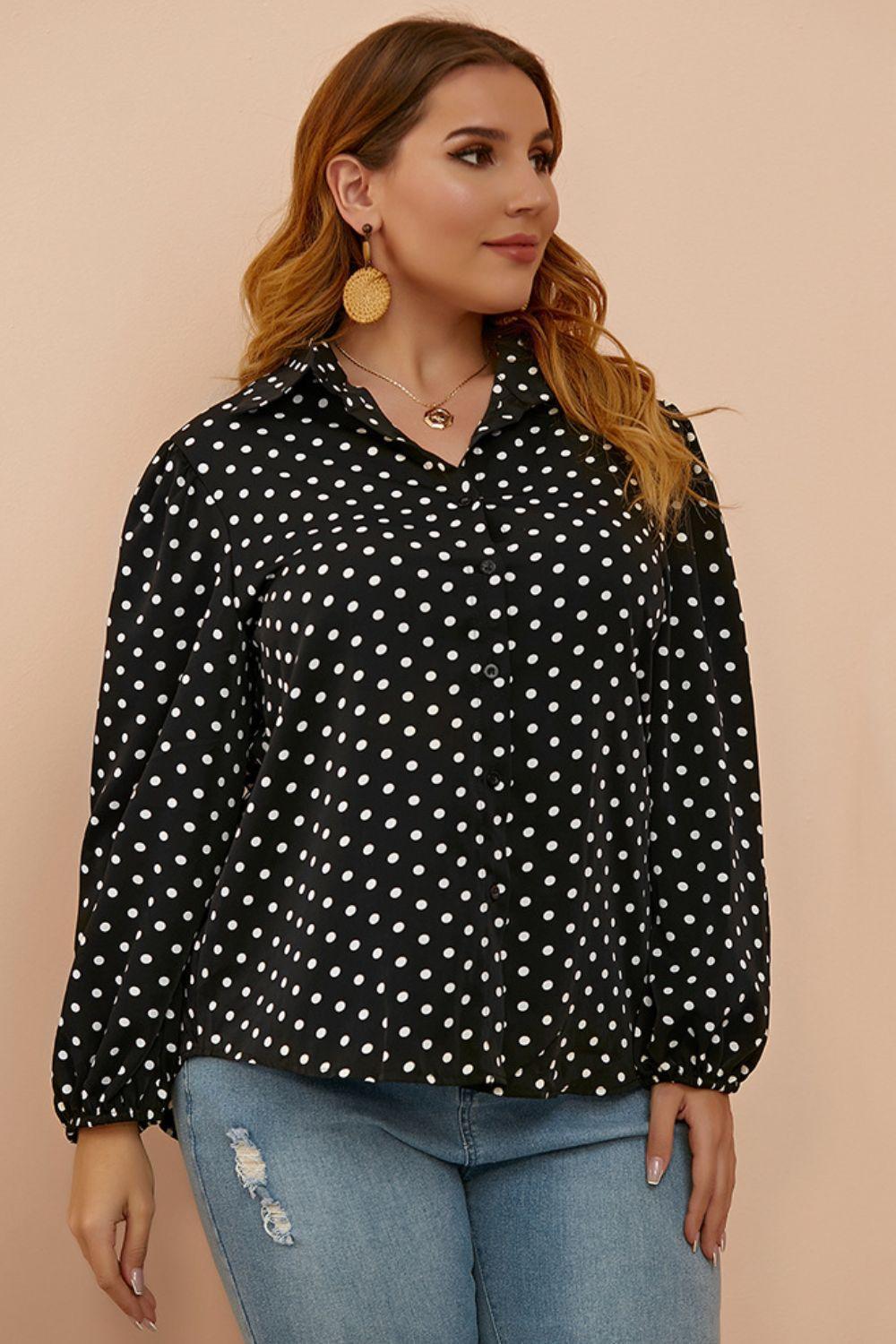 Balloon Sleeve Black Shirt White Polka Dots - MXSTUDIO.COM