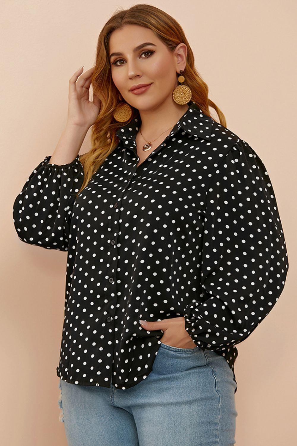 Balloon Sleeve Black Shirt White Polka Dots - MXSTUDIO.COM