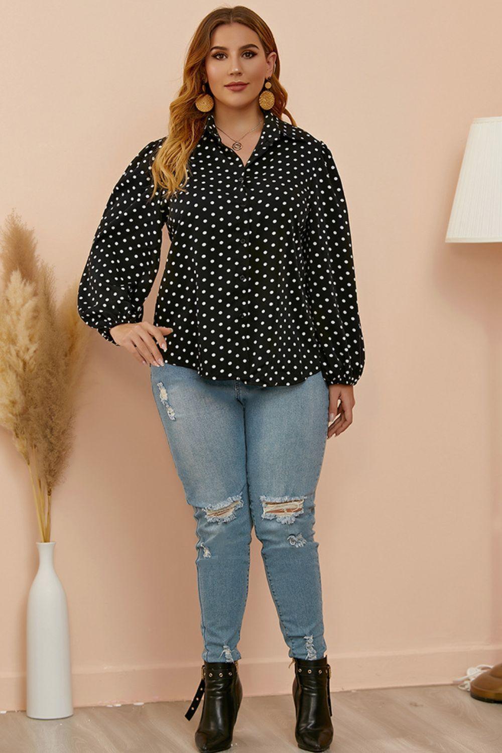 Balloon Sleeve Black Shirt White Polka Dots - MXSTUDIO.COM