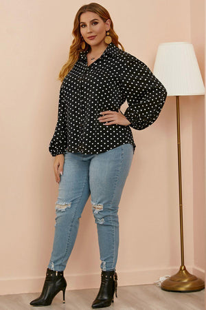 Balloon Sleeve Black Shirt White Polka Dots - MXSTUDIO.COM