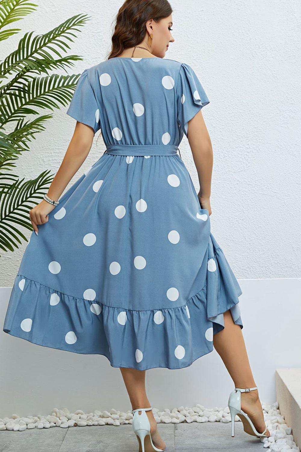 Belted Waist Misty Blue Plus Size Polka Dot Dress - MXSTUDIO.COM