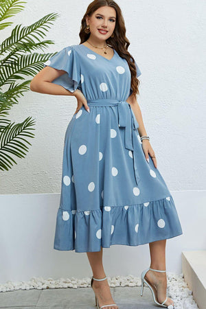 Belted Waist Misty Blue Plus Size Polka Dot Dress - MXSTUDIO.COM