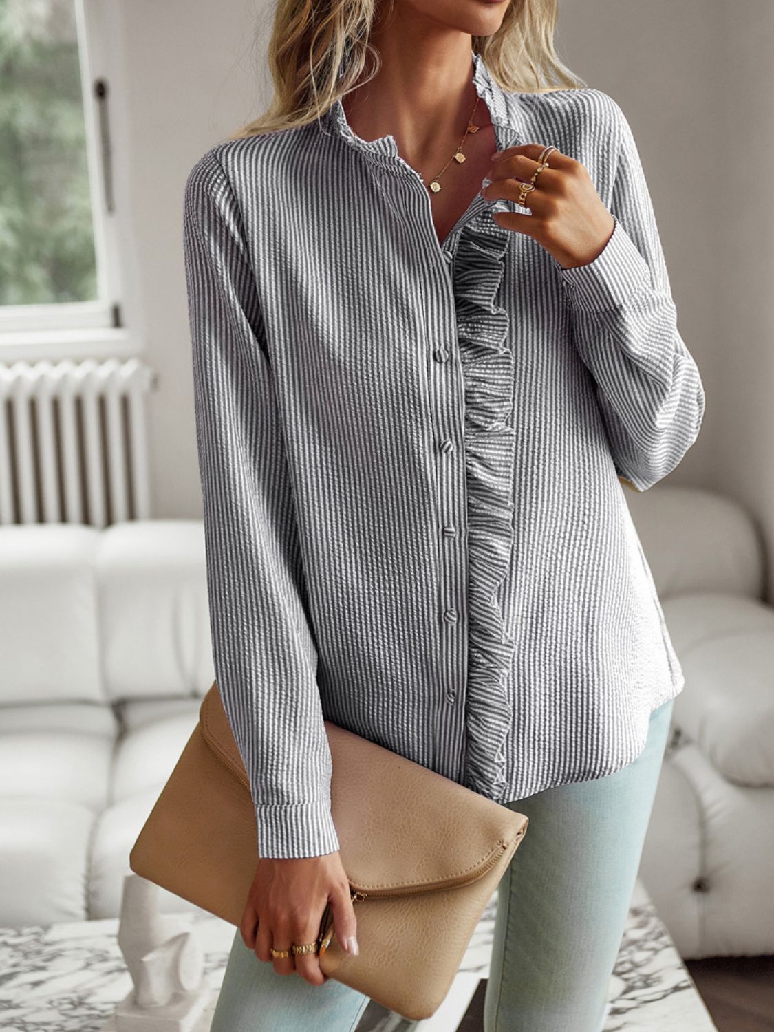 Work Essential Ruffle Button Up Long Sleeve Shirt