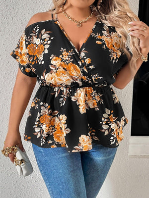 Blossoming Cold Shoulder Plus Size Floral Blouse - MXSTUDIO.COM