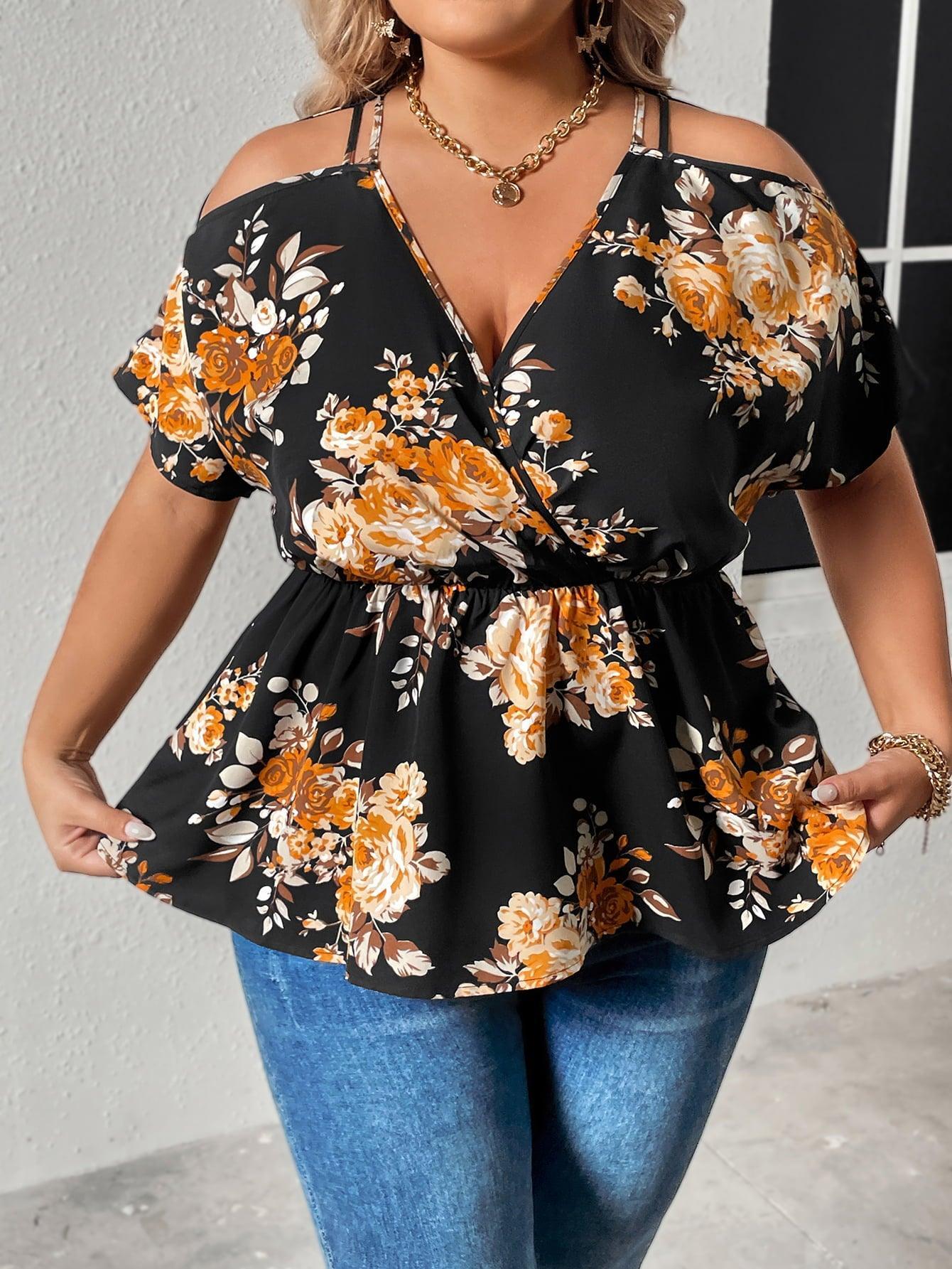 Blossoming Cold Shoulder Plus Size Floral Blouse - MXSTUDIO.COM