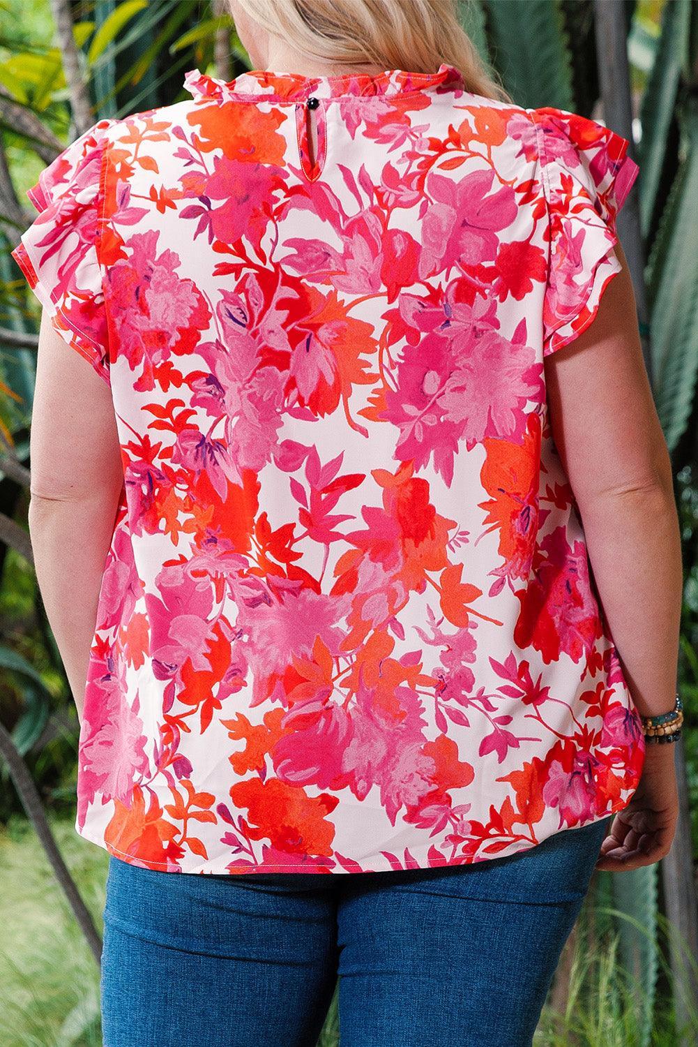 Blossoming Flutter Sleeve Plus Size Floral Blouse - MXSTUDIO.COM