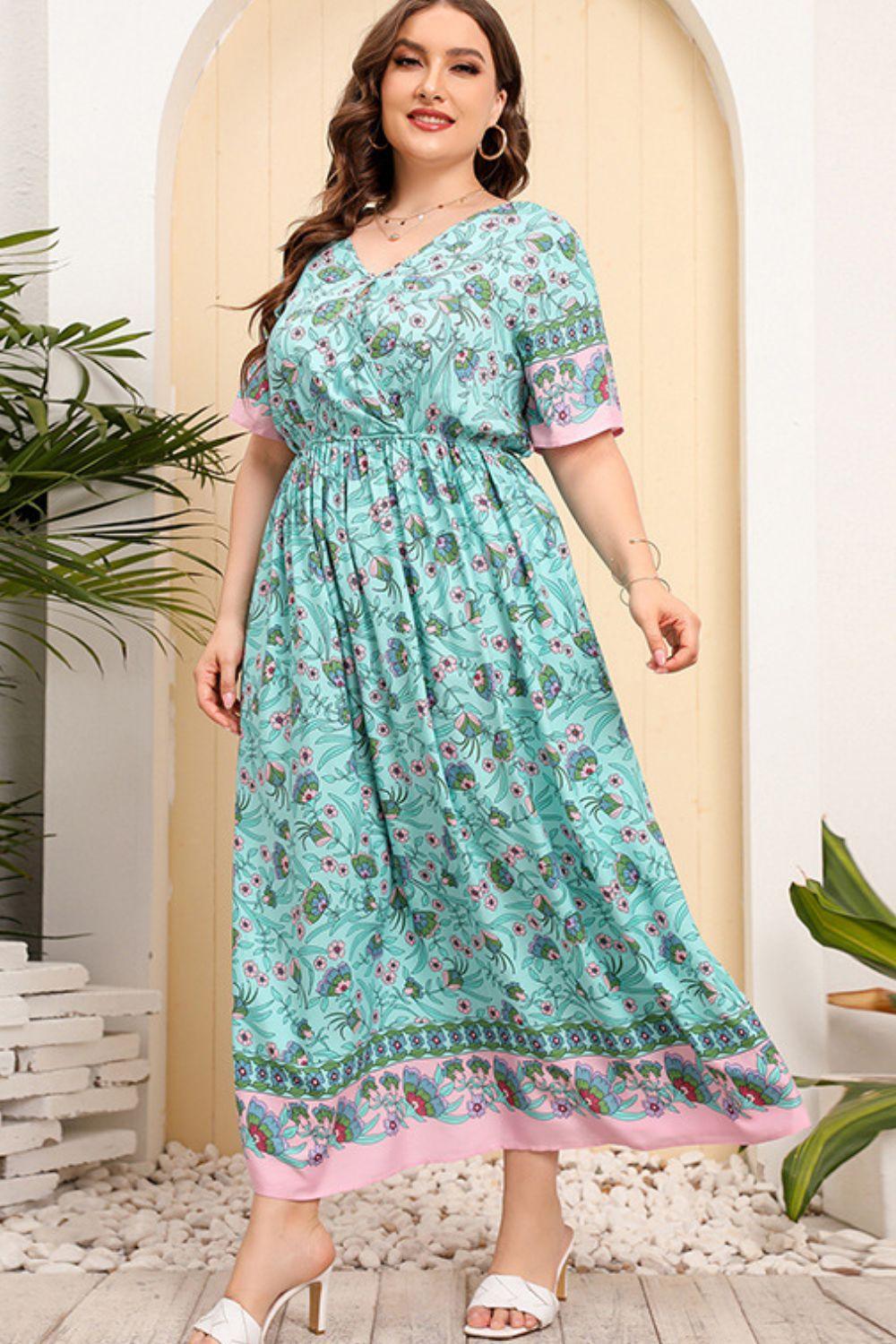 Bohemian Turquoise Plus Size V Neck Maxi Dress - MXSTUDIO.COM