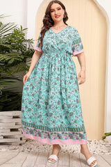 Bohemian Turquoise Plus Size V Neck Maxi Dress - MXSTUDIO.COM