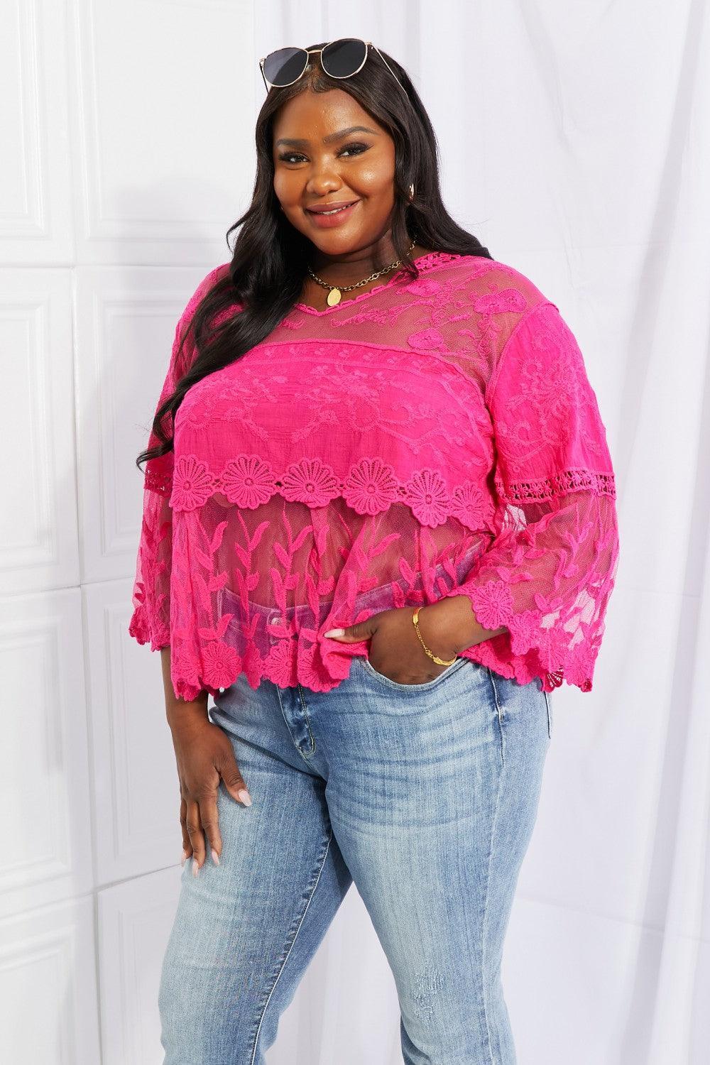 Breezy Sheer Panels Plus Size Hot Pink Lace Top - MXSTUDIO.COM