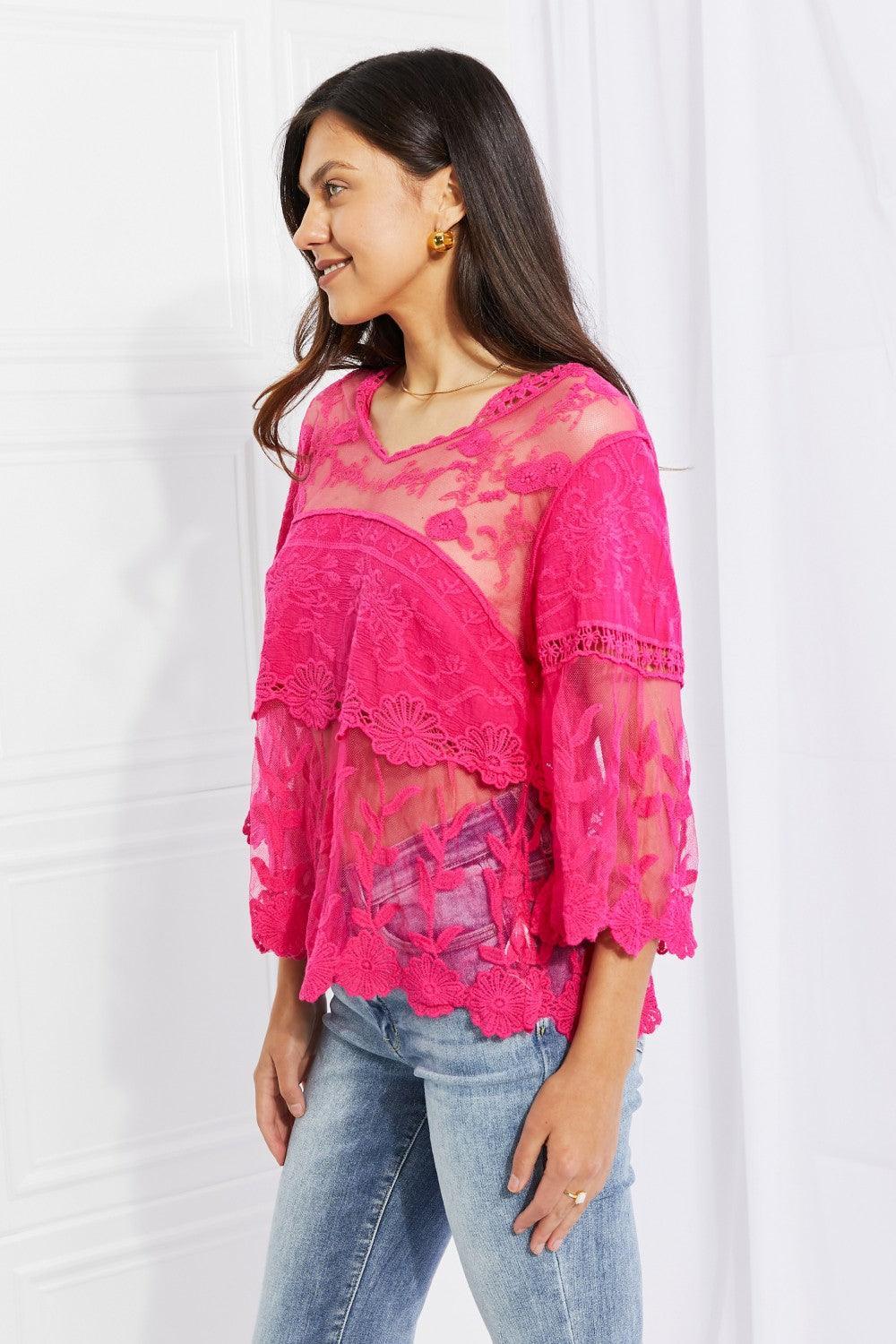 Breezy Sheer Panels Plus Size Hot Pink Lace Top - MXSTUDIO.COM