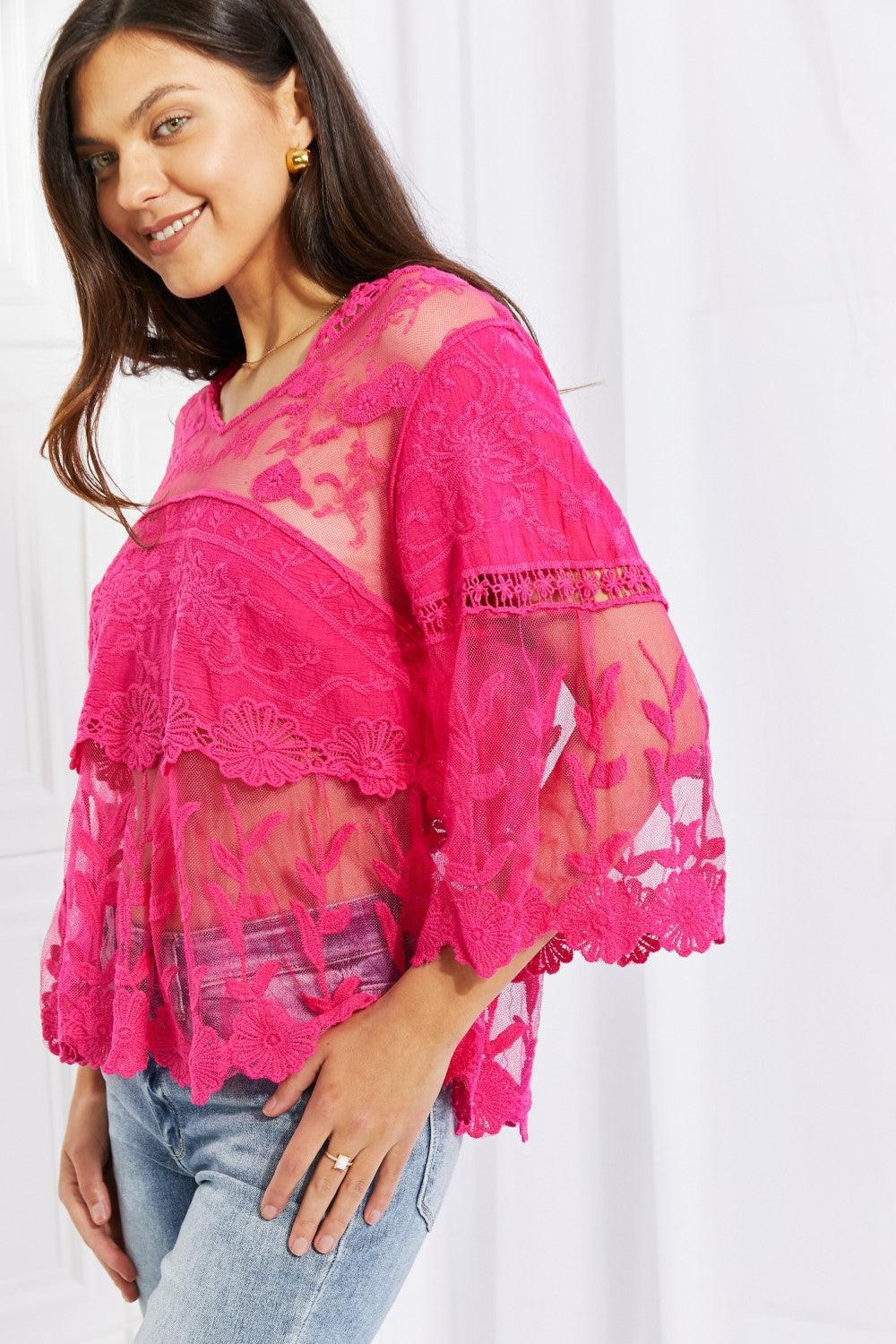 Breezy Sheer Panels Plus Size Hot Pink Lace Top - MXSTUDIO.COM