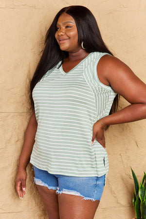 Breezy Sleeveless V-Neck Plus Size Striped Top - MXSTUDIO.COM