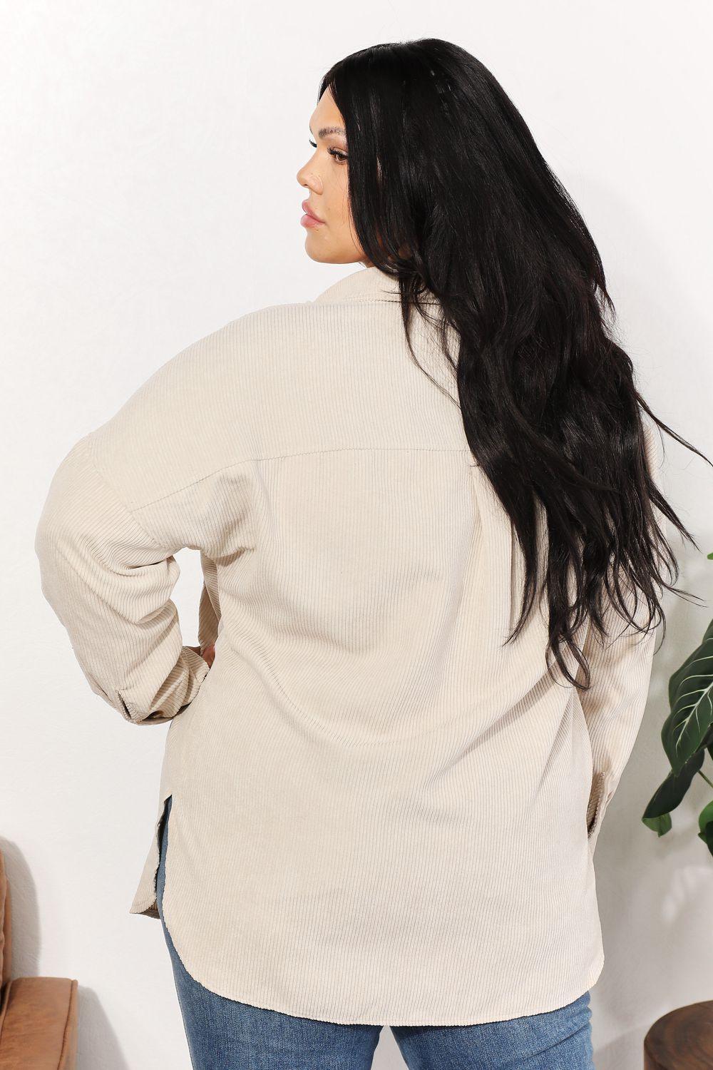 Bust Pocketed Corduroy Cream Plus Size Womens Shacket - MXSTUDIO.COM