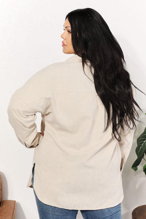 Bust Pocketed Corduroy Cream Plus Size Womens Shacket - MXSTUDIO.COM