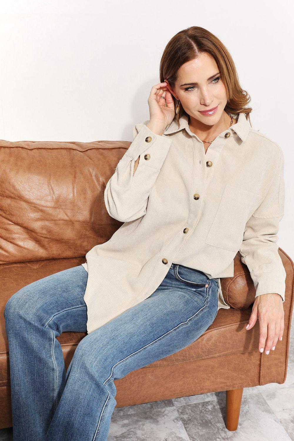 Bust Pocketed Corduroy Cream Plus Size Womens Shacket - MXSTUDIO.COM