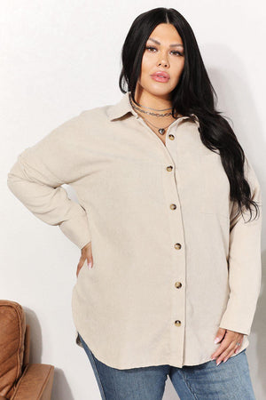 Bust Pocketed Corduroy Cream Plus Size Womens Shacket - MXSTUDIO.COM