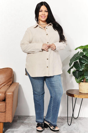 Bust Pocketed Corduroy Cream Plus Size Womens Shacket - MXSTUDIO.COM