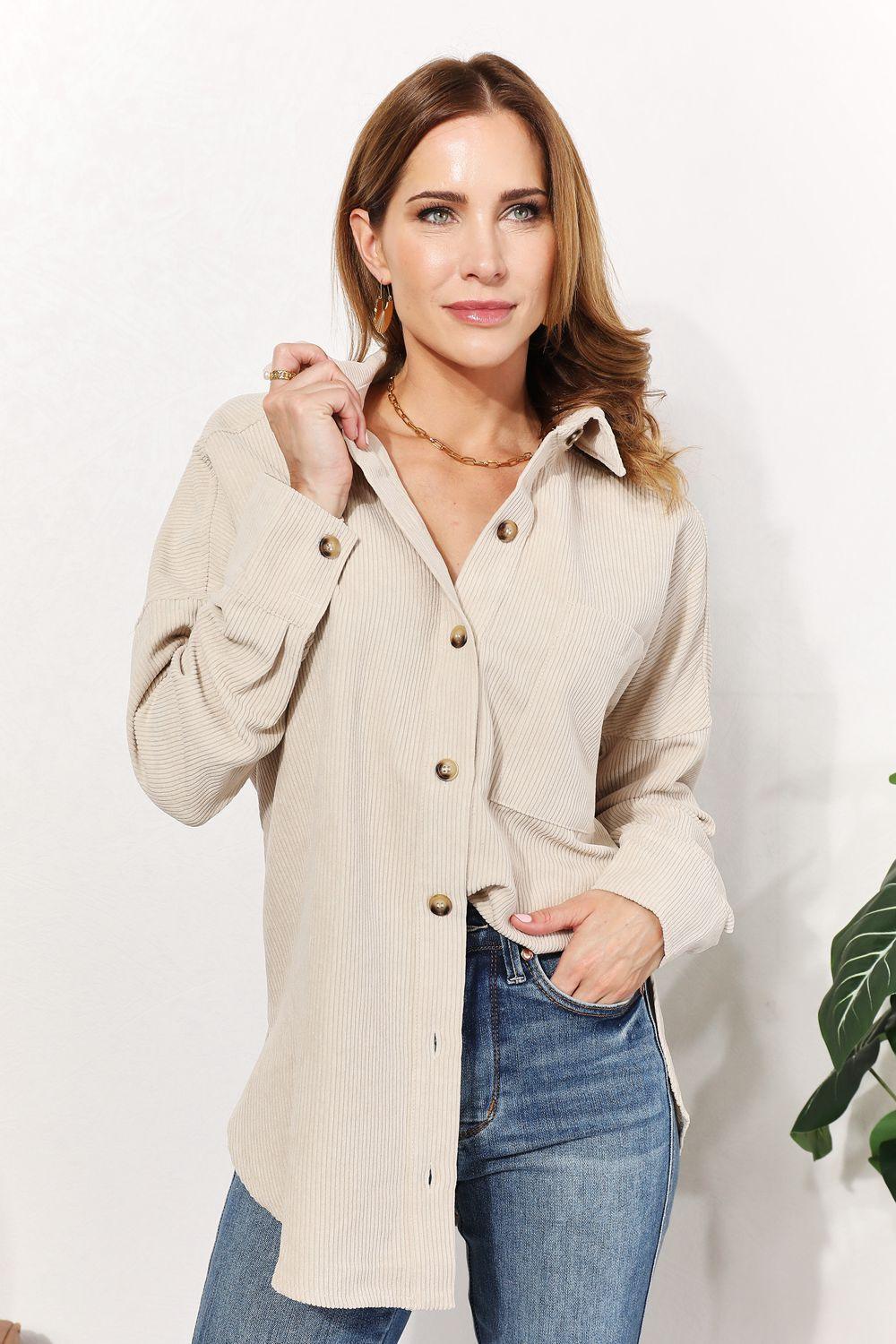 Bust Pocketed Corduroy Cream Plus Size Womens Shacket - MXSTUDIO.COM