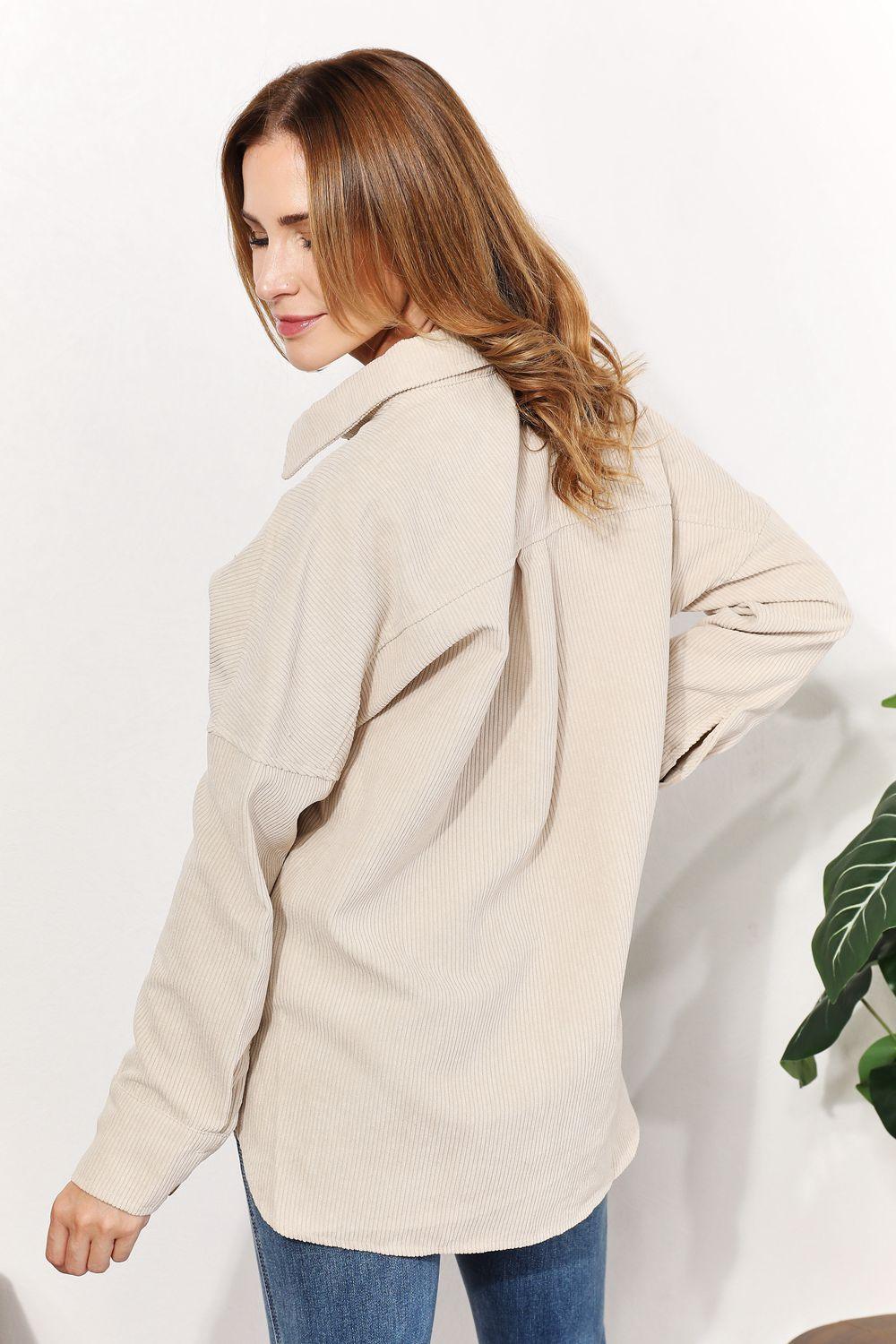 Bust Pocketed Corduroy Cream Plus Size Womens Shacket - MXSTUDIO.COM