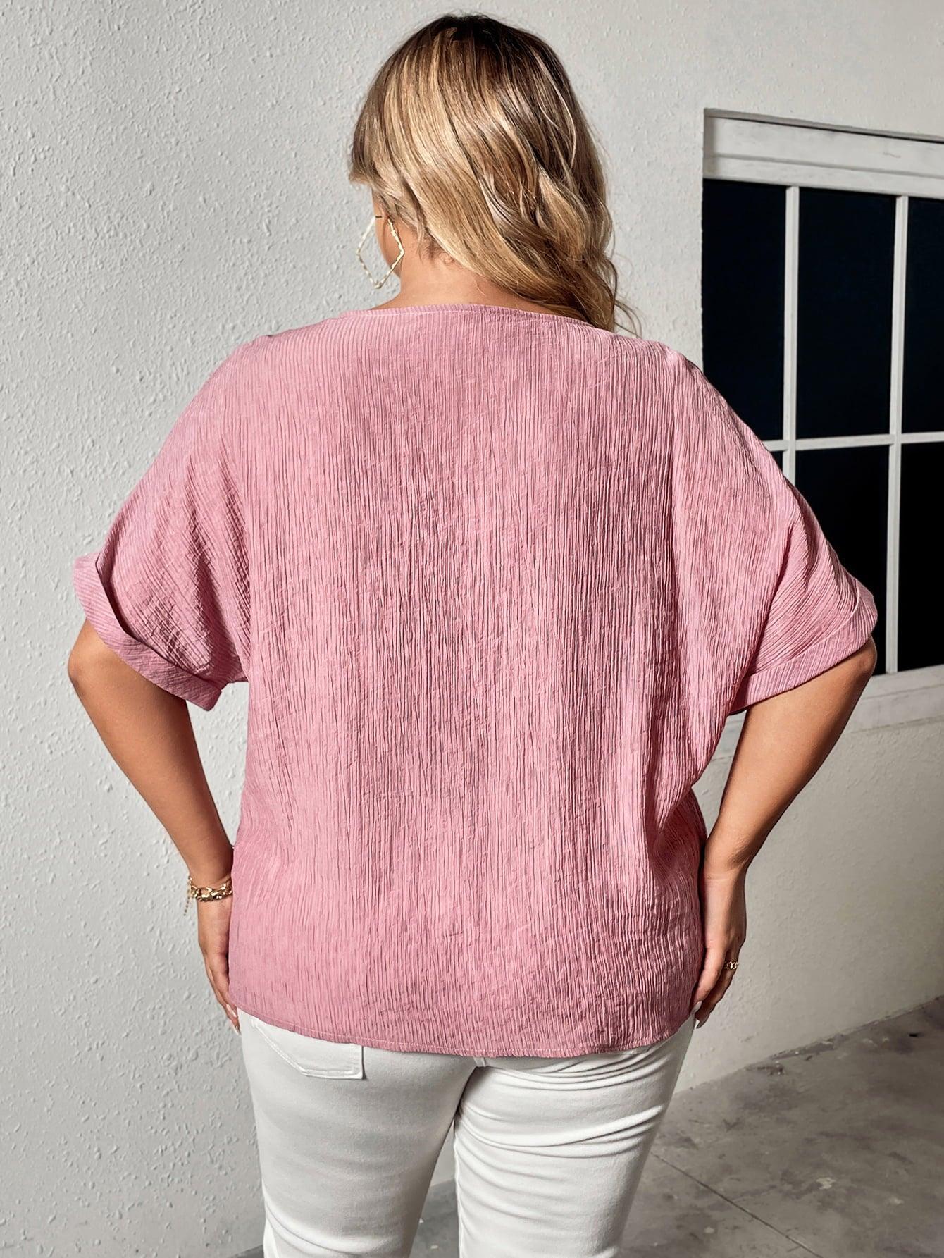 Buttoned Front Blush Pink Plus Size V-Neck Blouse - MXSTUDIO.COM