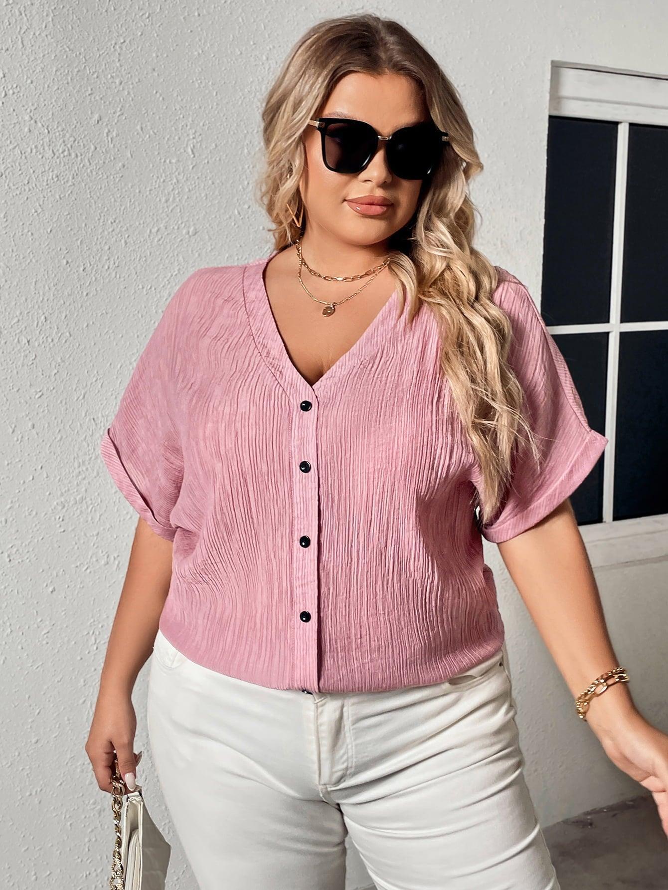 Buttoned Front Blush Pink Plus Size V-Neck Blouse - MXSTUDIO.COM