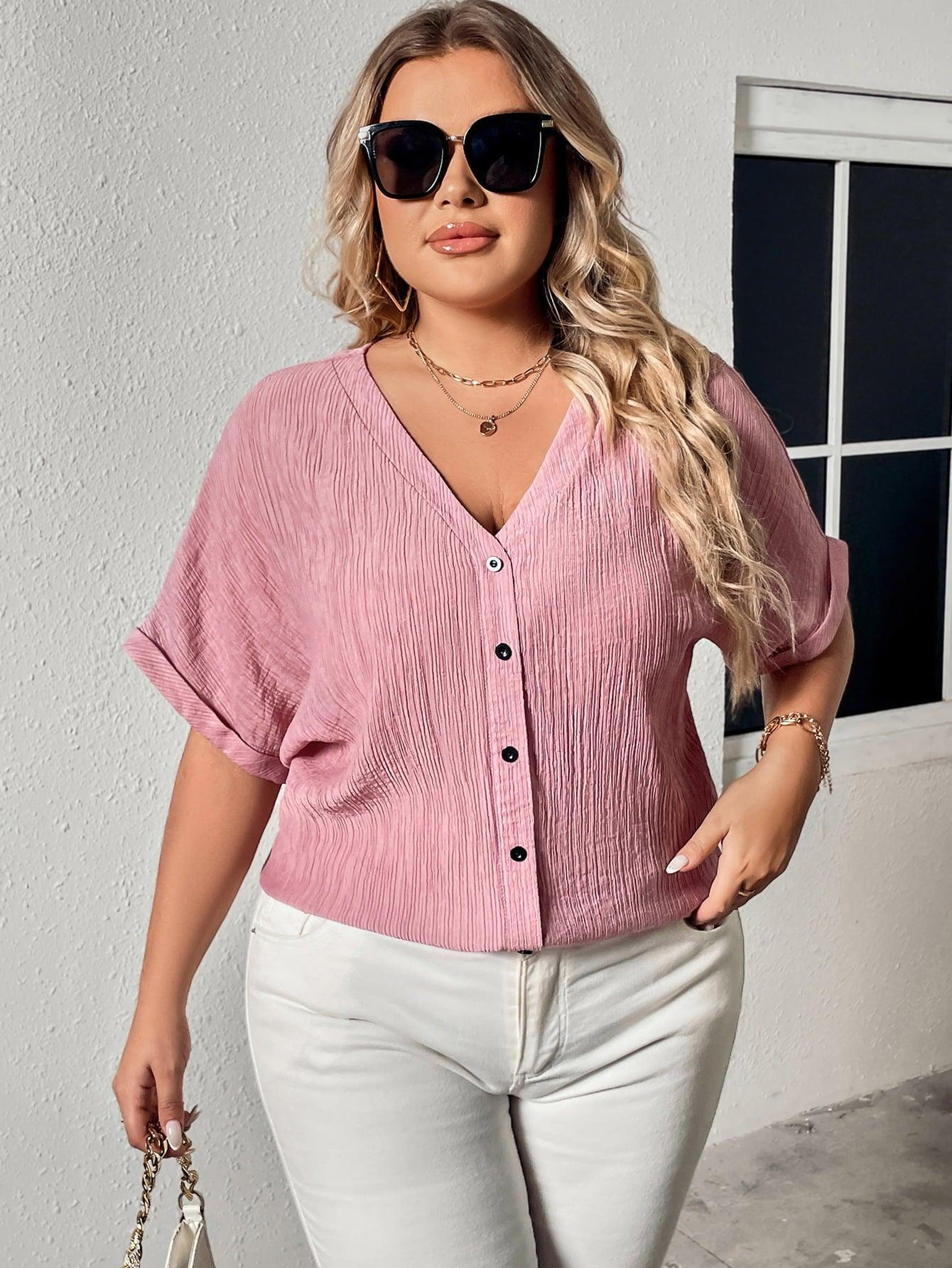 Buttoned Front Blush Pink Plus Size V-Neck Blouse - MXSTUDIO.COM