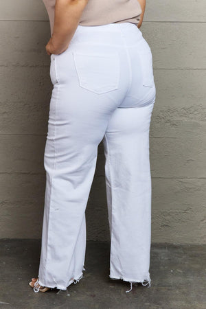 Calm Classic Raw Hem Plus Size White Wide Leg Jeans - MXSTUDIO.COM