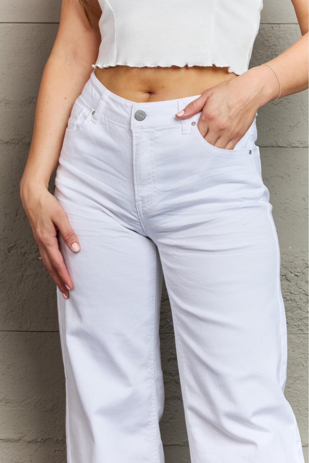 Calm Classic Raw Hem Plus Size White Wide Leg Jeans - MXSTUDIO.COM