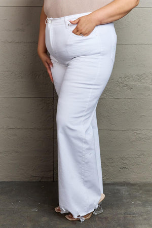 Calm Classic Raw Hem Plus Size White Wide Leg Jeans - MXSTUDIO.COM