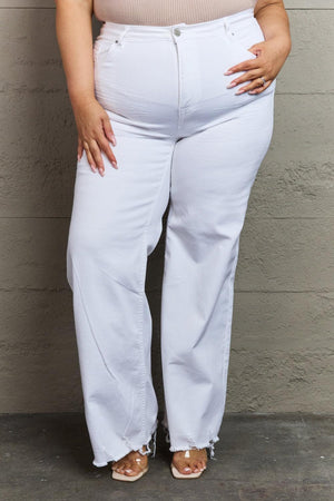 Calm Classic Raw Hem Plus Size White Wide Leg Jeans - MXSTUDIO.COM