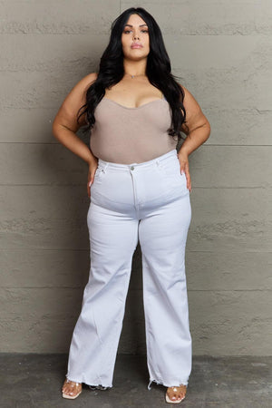 Calm Classic Raw Hem Plus Size White Wide Leg Jeans - MXSTUDIO.COM