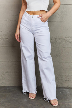 Calm Classic Raw Hem Plus Size White Wide Leg Jeans - MXSTUDIO.COM