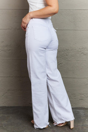 Calm Classic Raw Hem Plus Size White Wide Leg Jeans - MXSTUDIO.COM