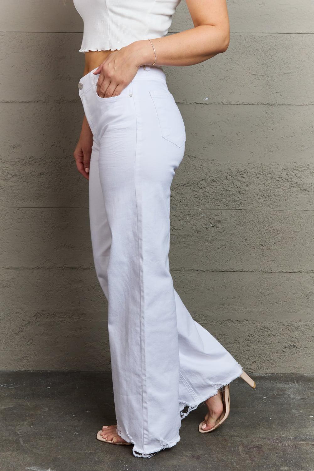 Calm Classic Raw Hem Plus Size White Wide Leg Jeans - MXSTUDIO.COM