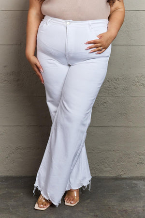 Calm Classic Raw Hem Plus Size White Wide Leg Jeans - MXSTUDIO.COM