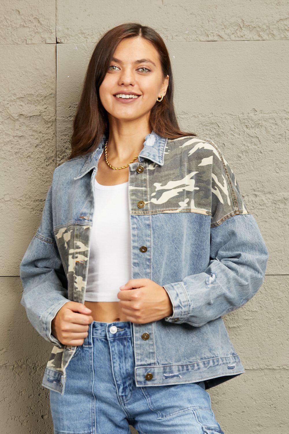 Camo Contrast Plus Size Womens Denim Jacket - MXSTUDIO.COM