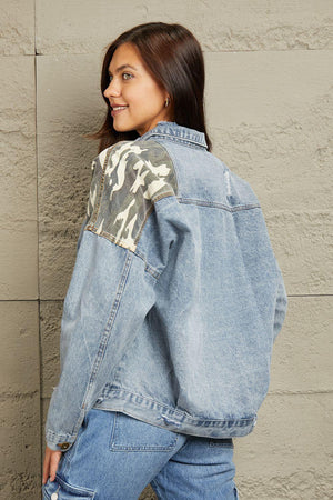 Camo Contrast Plus Size Womens Denim Jacket - MXSTUDIO.COM
