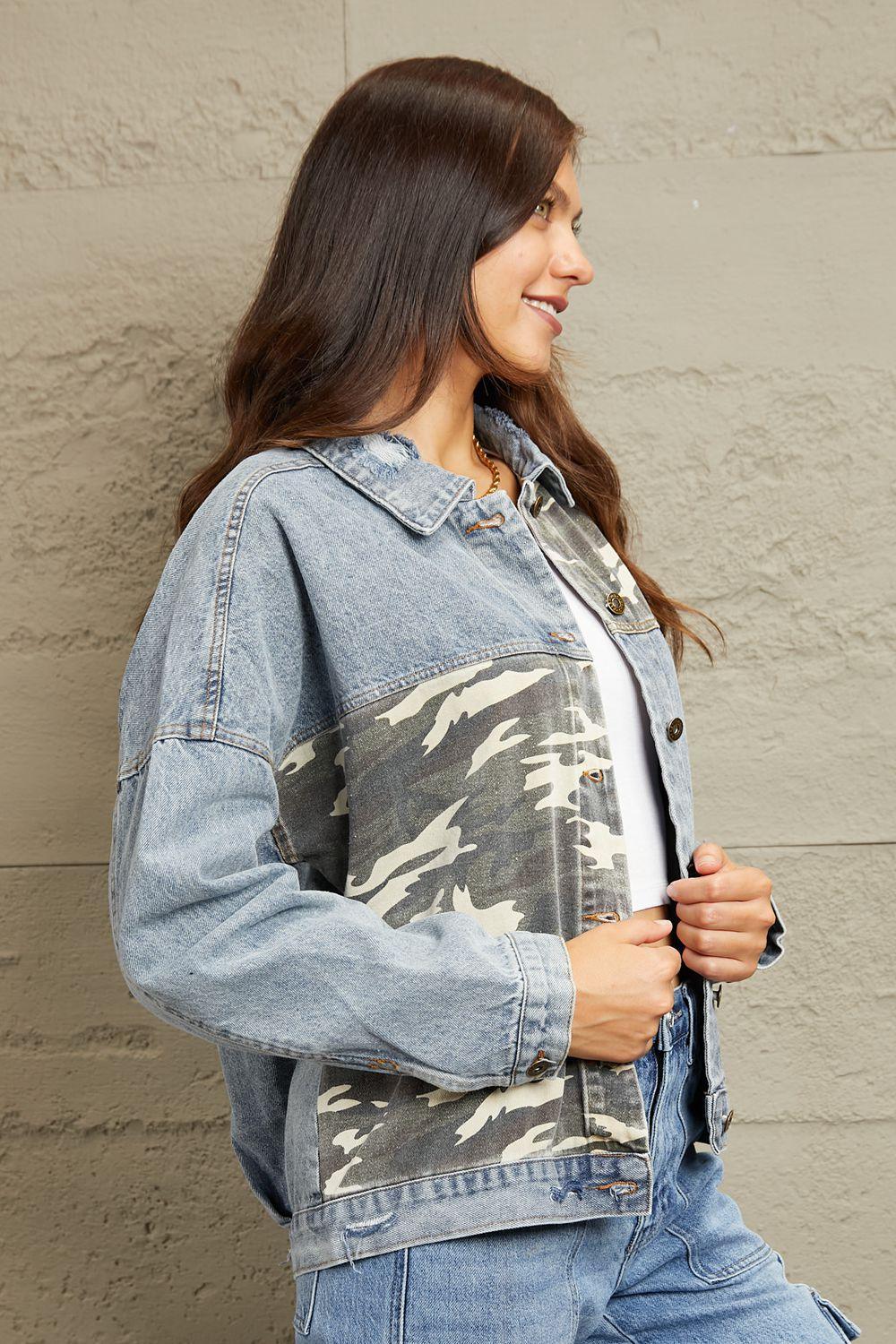 Camo Contrast Plus Size Womens Denim Jacket - MXSTUDIO.COM