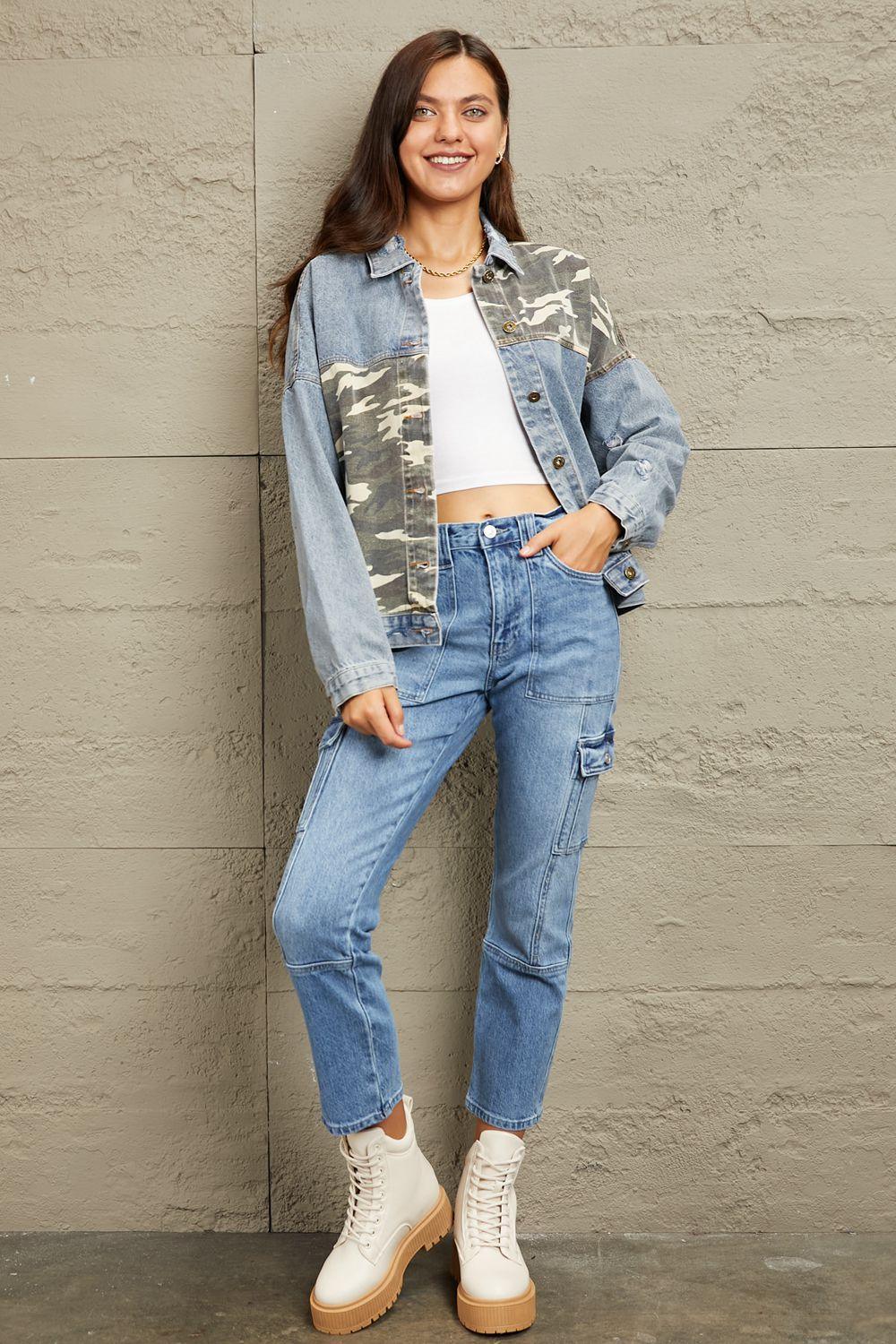 Camo Contrast Plus Size Womens Denim Jacket - MXSTUDIO.COM