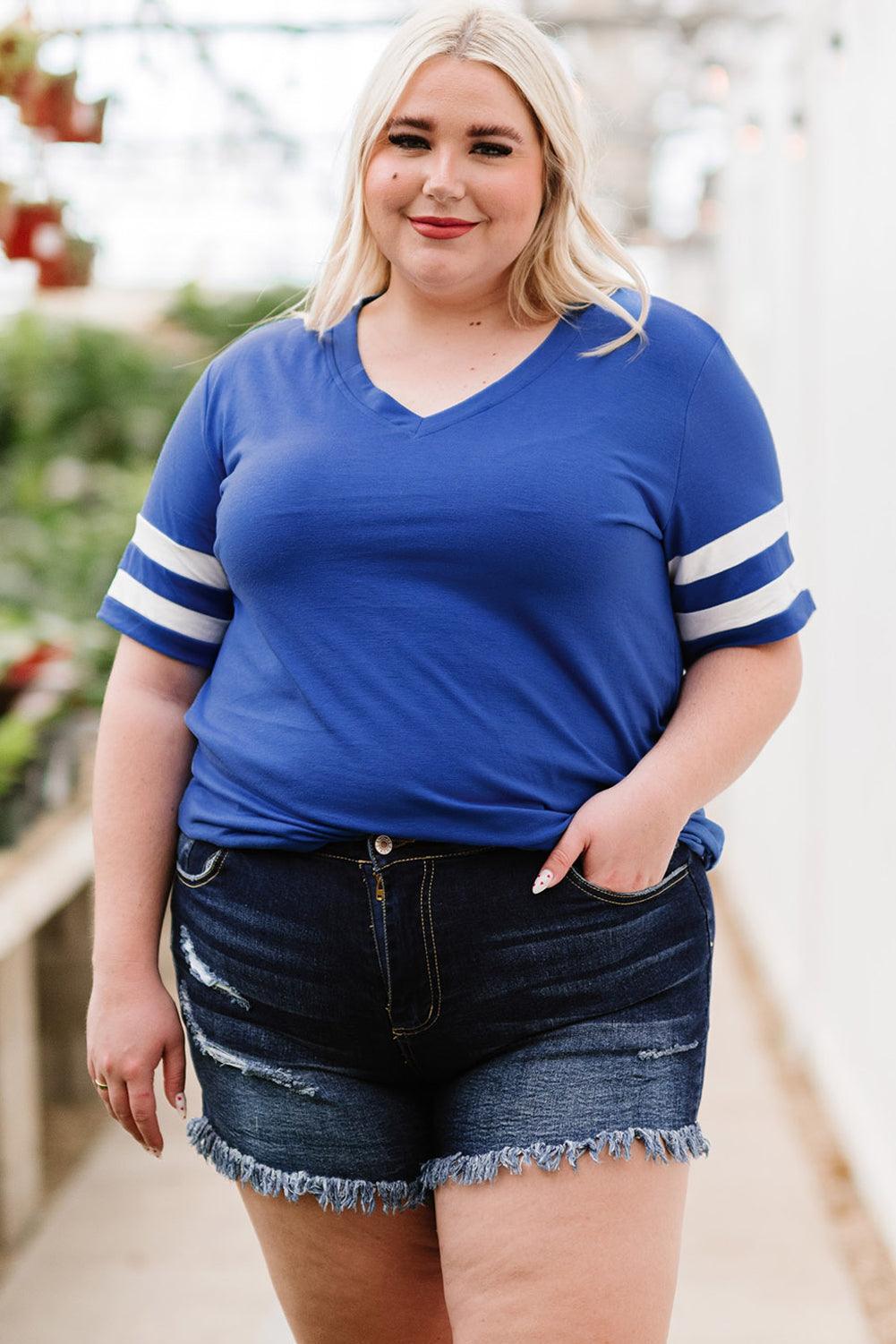 Captivating Striped Plus Size V-Neck T-Shirt - MXSTUDIO.COM