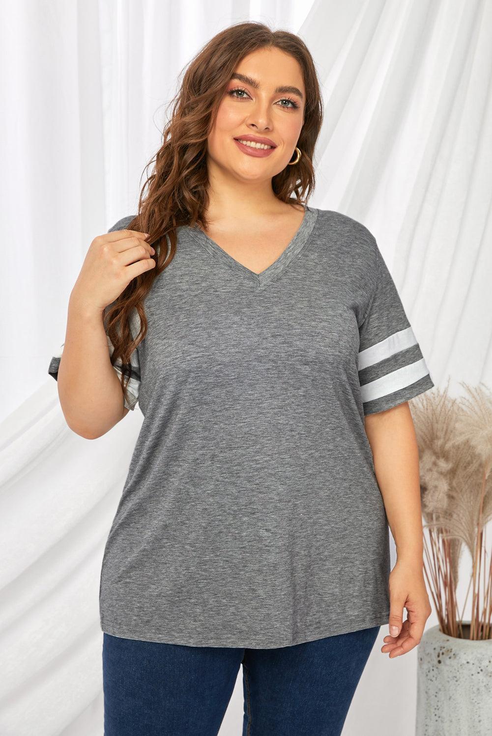 Captivating Striped Plus Size V-Neck T-Shirt - MXSTUDIO.COM